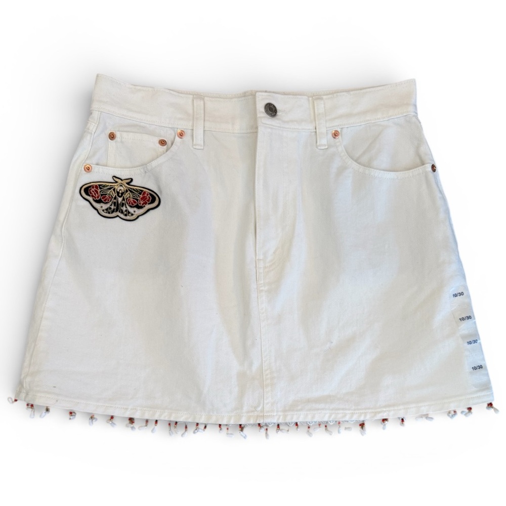 Embroidered White Denim Skirt